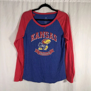 Kansas Jayhawks Shirt Women's Large Blue Sparkle Crew Neck Long Sleeve Colosseum
